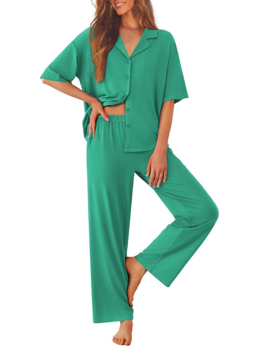 Women Gray Green Notch Lapel Short Sleeve Shirt Sleepwear with Long Pajamas Set